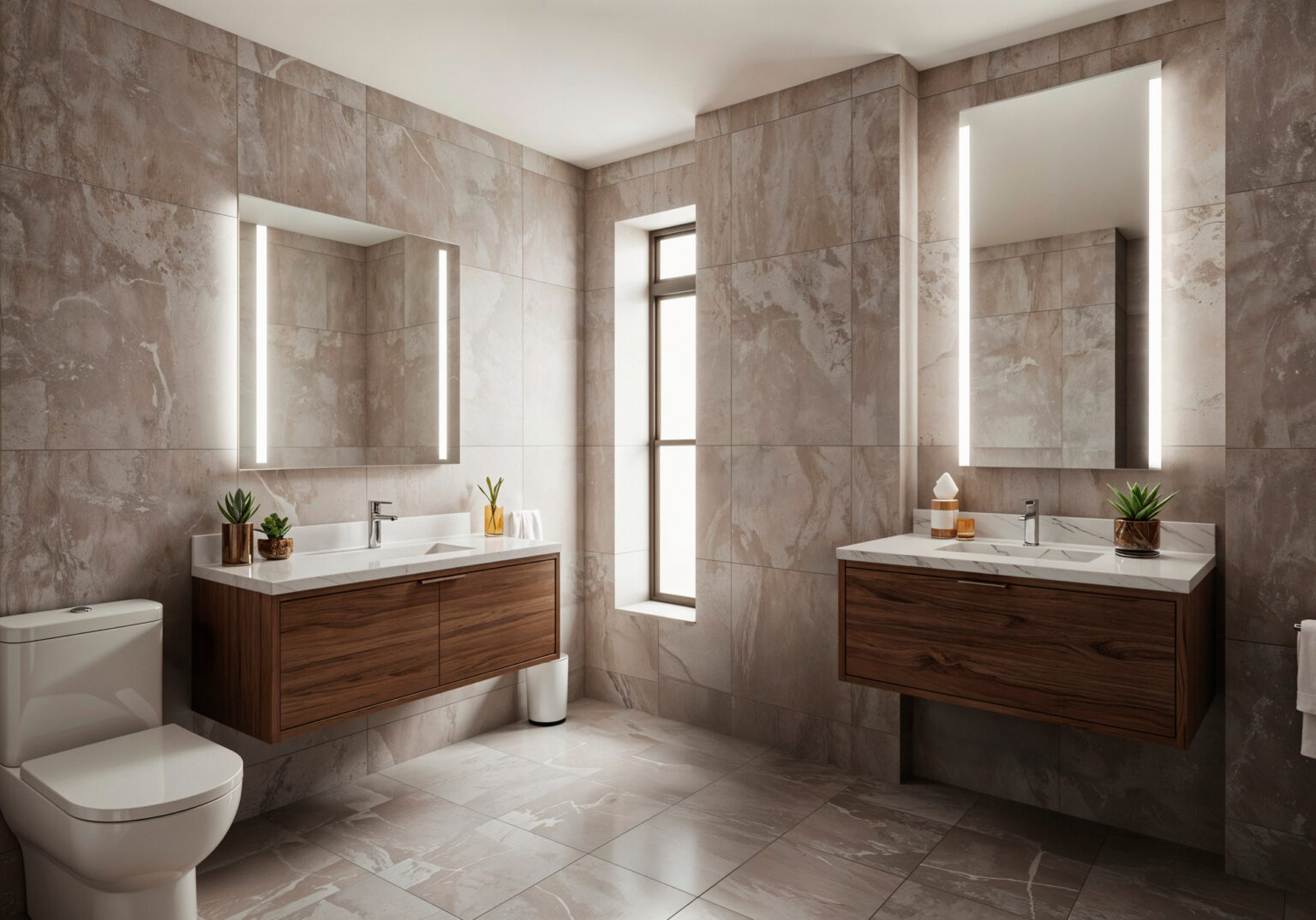 baño moderno con doble lavabo tras reforma integral en Barcelona